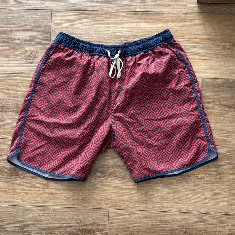 Fair Harbor Red and Blue Geometric Swim Trunks